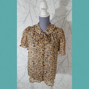 Everleigh Orange Floral Printed Tie Neck Button Front Blouse